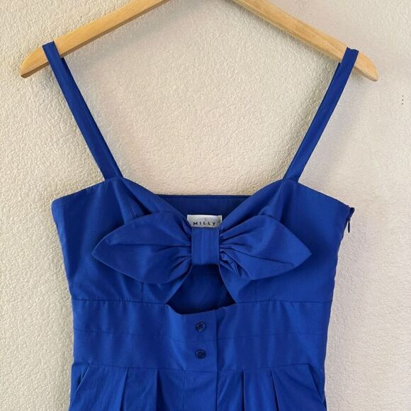 Milly Jordan Mini Dress Women Size 2 Cobalt Blue Bow Cutout Button Front Pockets - Picture 3 of 16